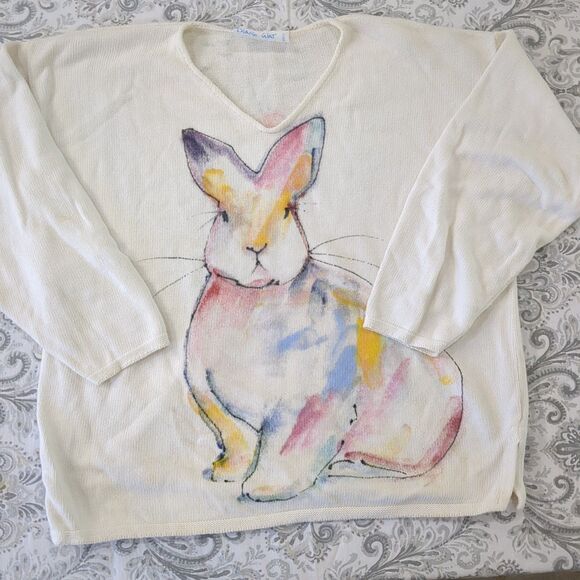 Vtg Diane Wat Design Handpainted Sweater Bunny Rabbit Shirt Size Small Med - Picture 2 of 16